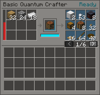 A Basic Quantum Crafter with a crafting table: planks, cobblestone and iron offer chests, furnaces, sticks and more