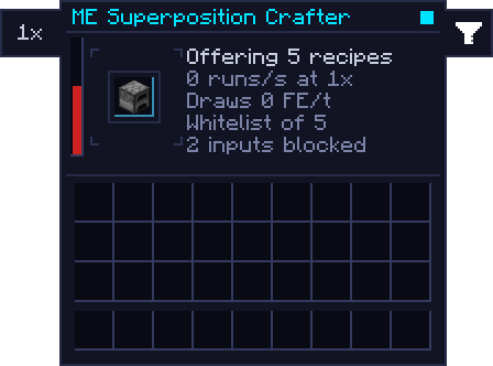 The ME Superposition Crafter with a furnace catalyst, a five-item whitelist and two blocked inputs