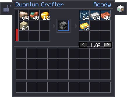 A Quantum Crafter with a furnace catalyst: raw ores in the grid, their smelted results waiting as ghosts